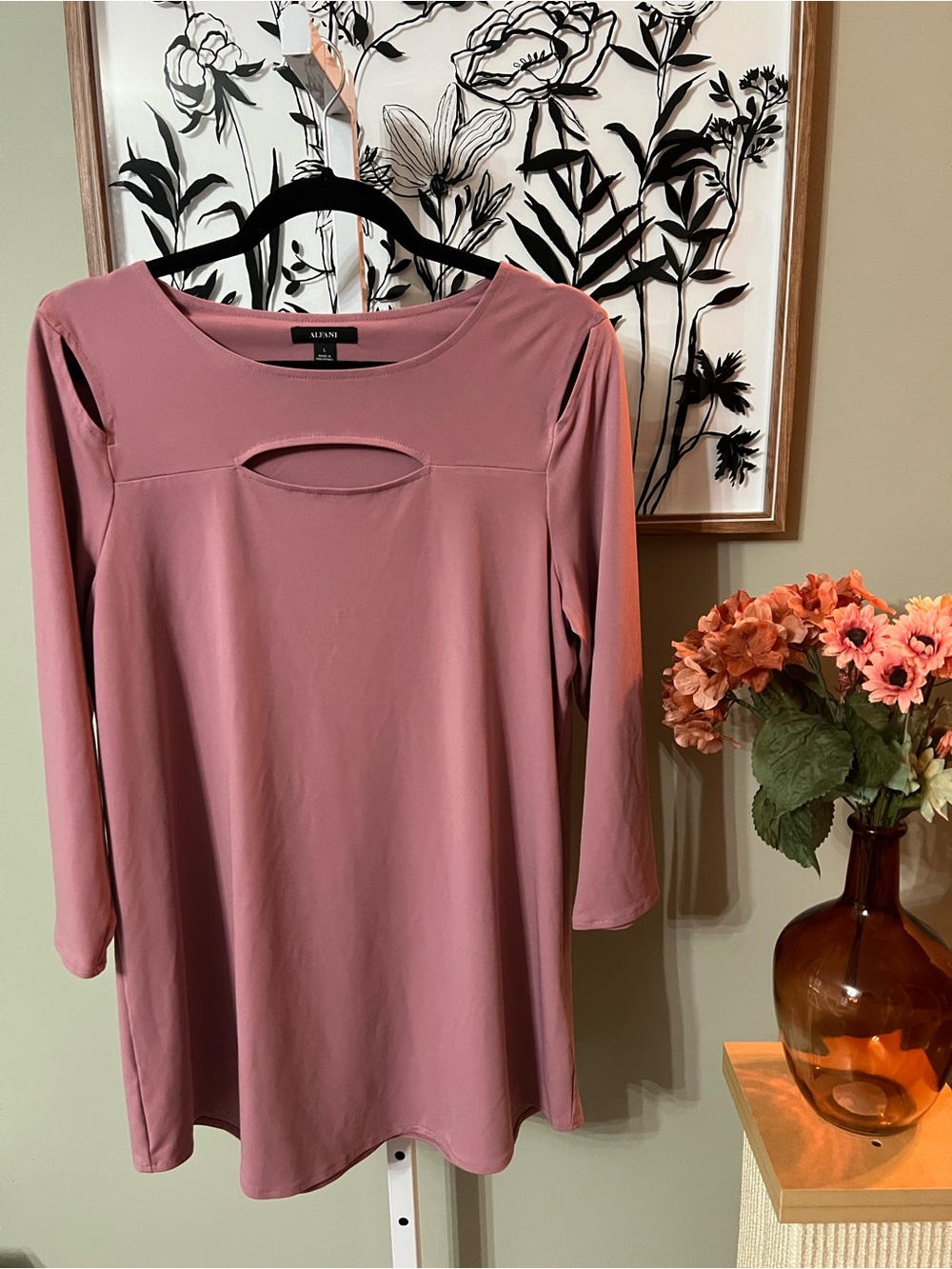 Alfani Dusty Rose Mauve 3/4-Sleeve Cutout Long Sleeve Tunic Top Size Large